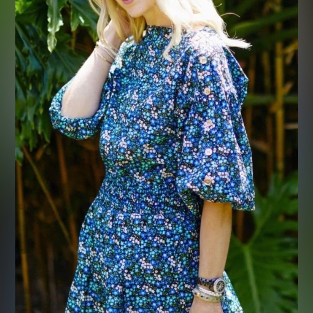 Buru Blue Floral Puff Sleeve Top and Matching Mini Skirt Set